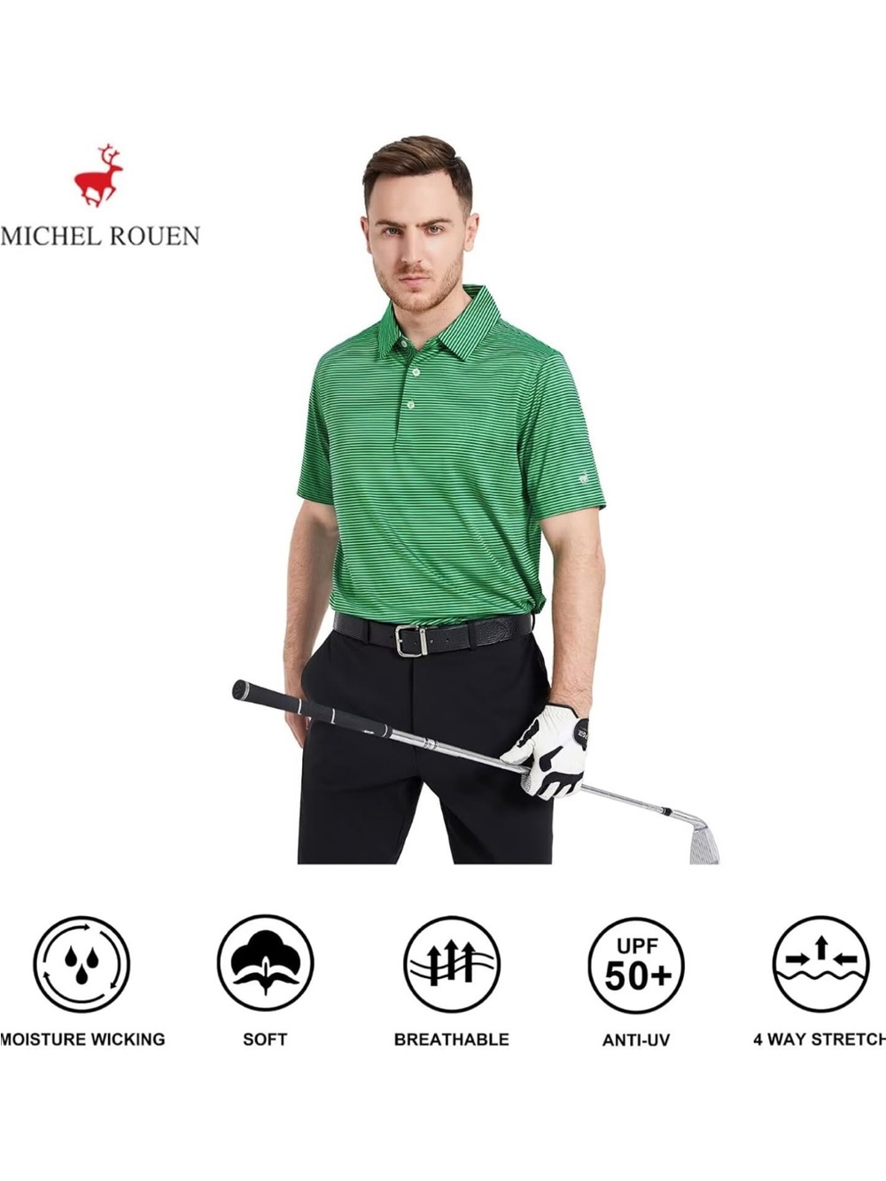 Michel Rouen Men's Green Striped Polo Shirt - Performance Short Sleeve Polo